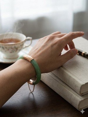Vintage 14K Yellow Gold Green Jade Bangle 8.8mm Wide Hinged 7" Solid - Image 2