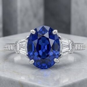 Stunning Blue Sapphire Oval Three Stone Ring with Tapered Baguette Diamonds