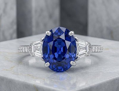 Stunning Blue Sapphire Oval Three Stone Ring with Tapered Baguette Diamonds