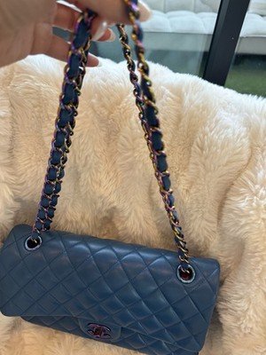Auth CHANEL 16S Iridescent Blue Lambskin Medium Classic Double Flap Bag - Image 2