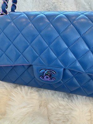 Auth CHANEL 16S Iridescent Blue Lambskin Medium Classic Double Flap Bag - Image 3