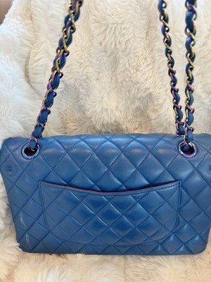 Auth CHANEL 16S Iridescent Blue Lambskin Medium Classic Double Flap Bag - Image 4