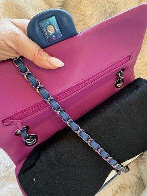 Auth CHANEL 16S Iridescent Blue Lambskin Medium Classic Double Flap Bag - Image 5