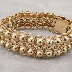 14K Yellow Gold Wide Mesh Ball Bead Statement Bracelet 7" 30g 20mm Gold Pur220