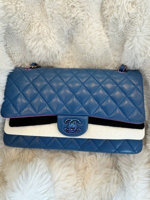 Auth CHANEL 16S Iridescent Blue Lambskin Medium Classic Double Flap Bag