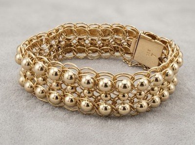 14K Yellow Gold Wide Mesh Ball Bead Statement Bracelet 7" 30g 20mm Gold Pur220