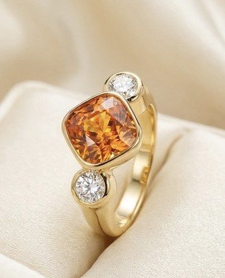 4.32ct Orange-Yellow Sapphire & Diamond Three-Stone Ring 18K Yellow Gold
