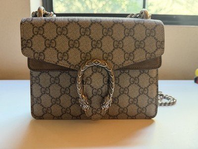 Gucci GG Supreme Monogram Dionysus Mini Chain Crossbody Shoulder Bag Beige Taupe