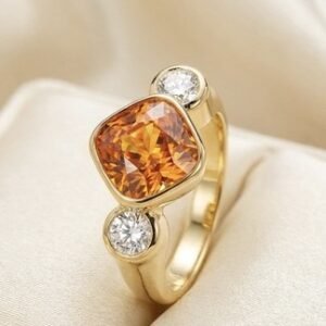 4.32ct Orange-Yellow Sapphire & Diamond Three-Stone Ring 18K Yellow Gold
